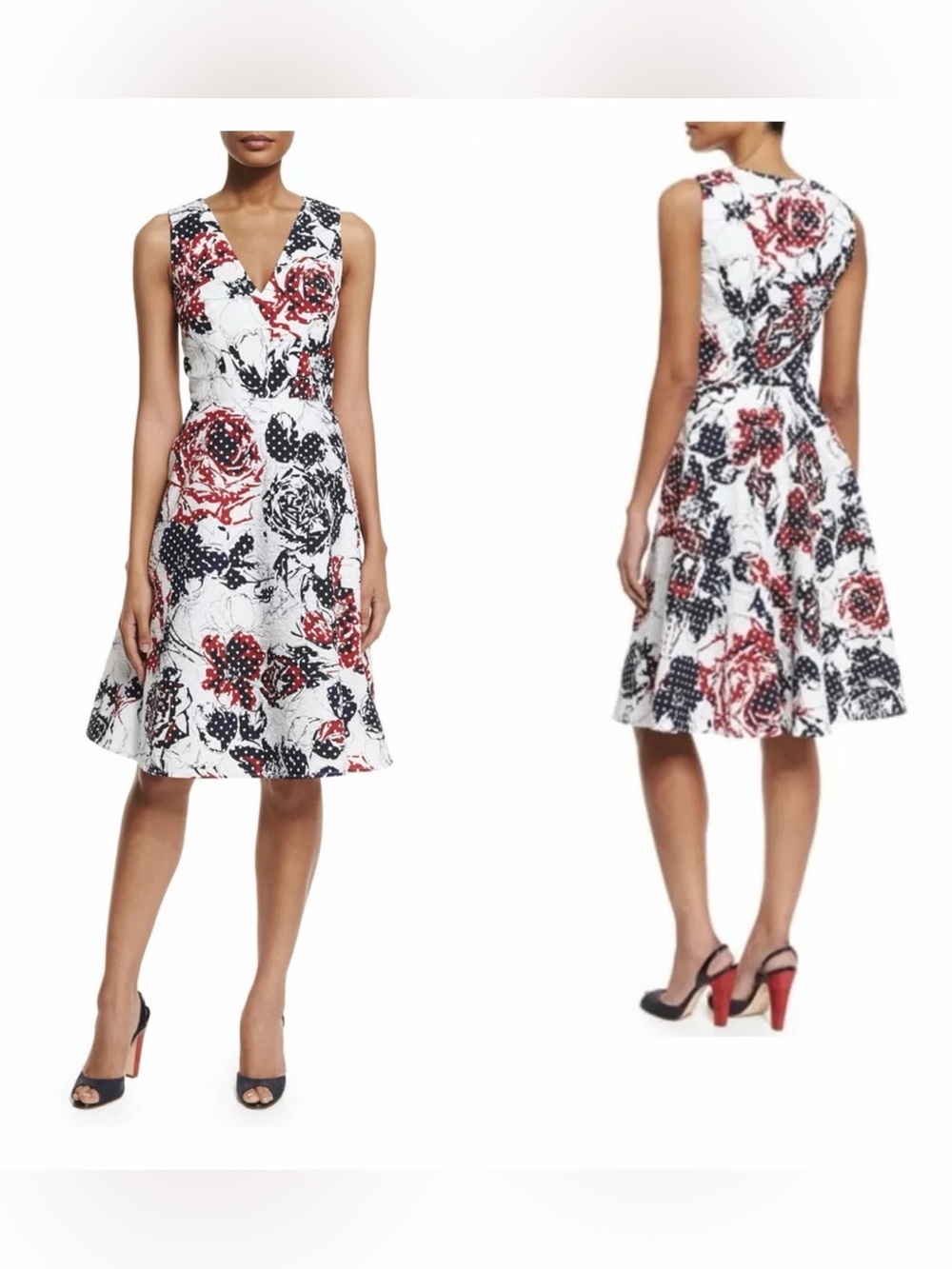 Carolina herrera dotted rose print sleeveless A line dress red navy white